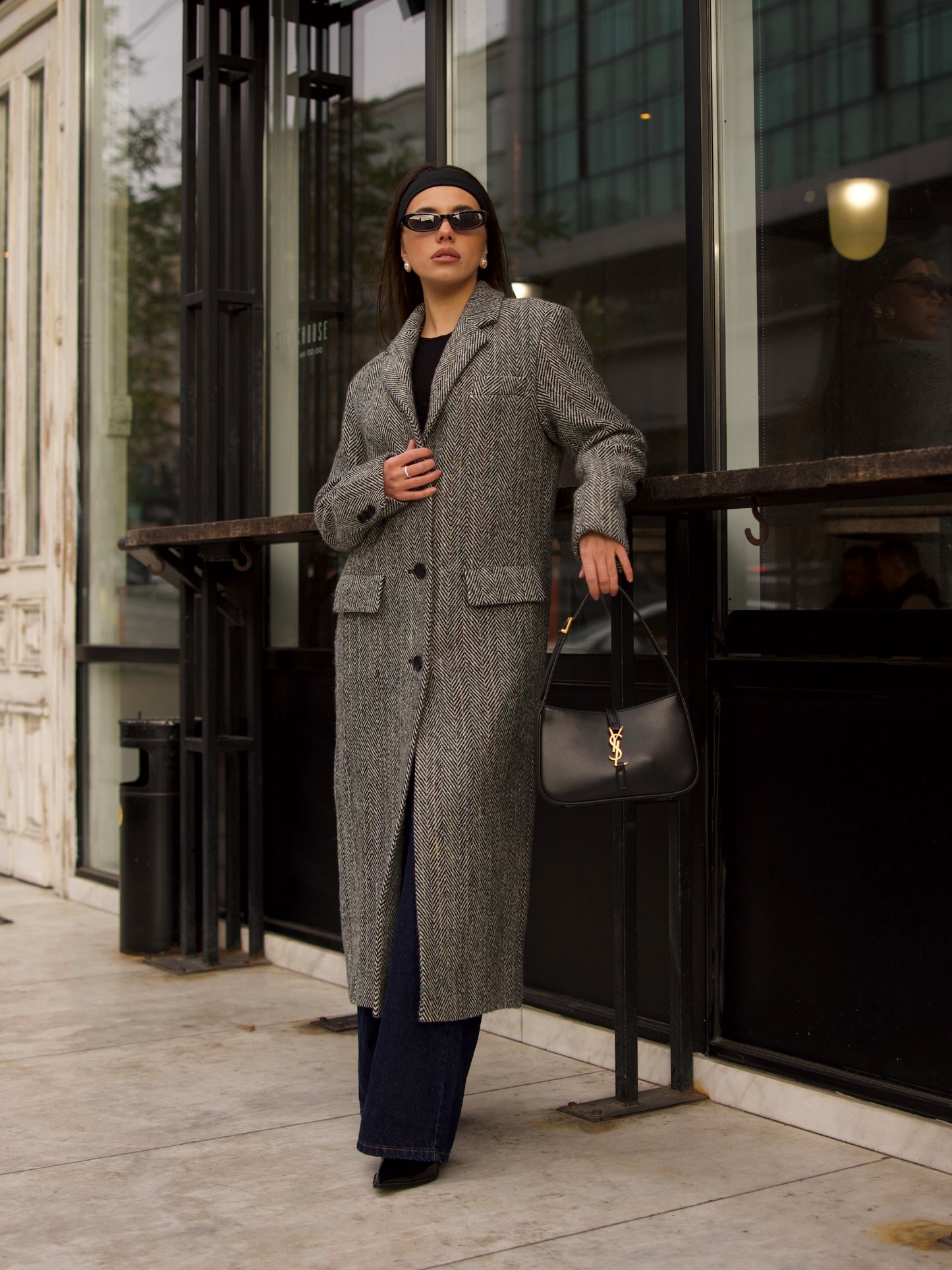 Wool Coat with Masculine Shoulders, Grey Herringbone