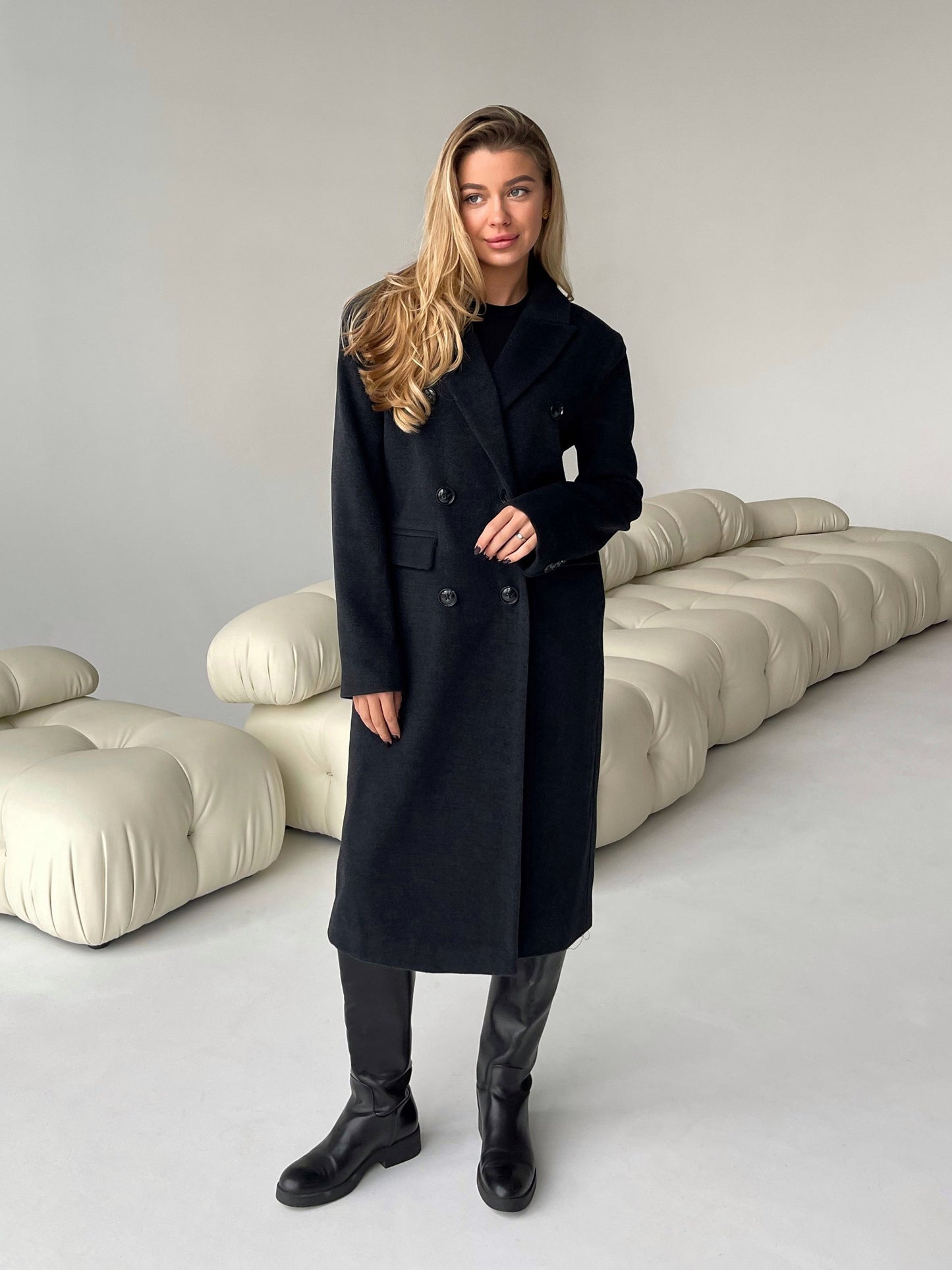 Long Coat with Masculine Shoulders, Black