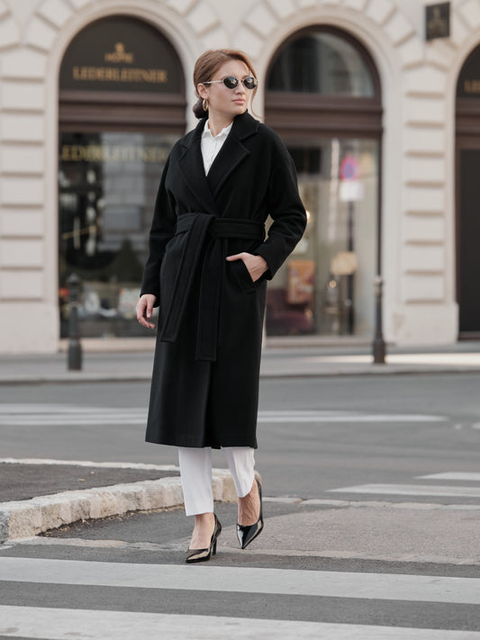 Wool Long coat with belt, Black