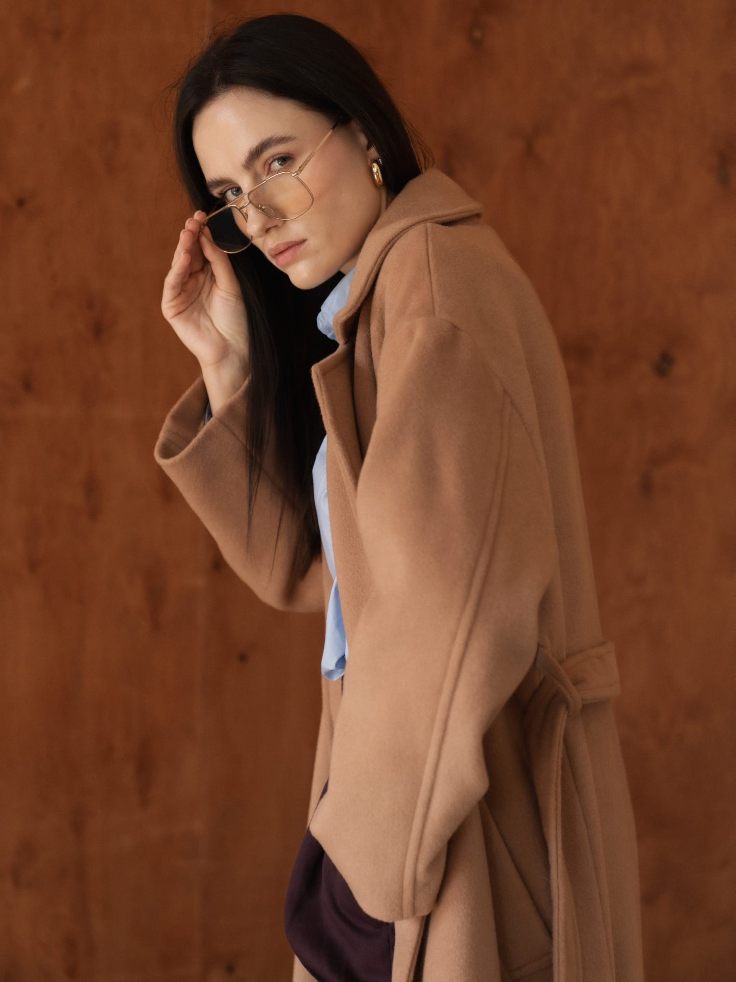 Double-breasted long oversize coat, Camel