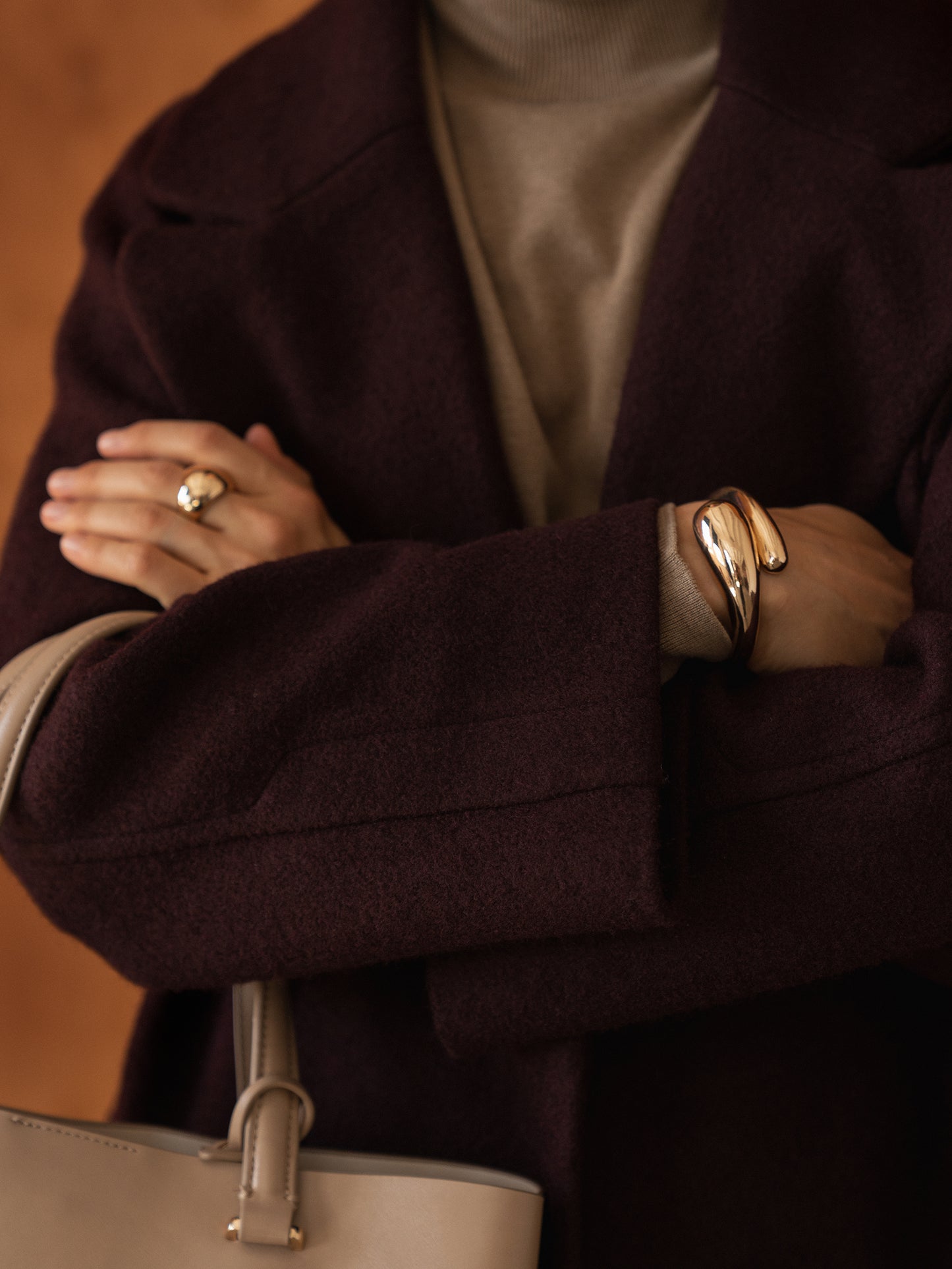 Double-breasted long coat with trim ribbon, Burgundy