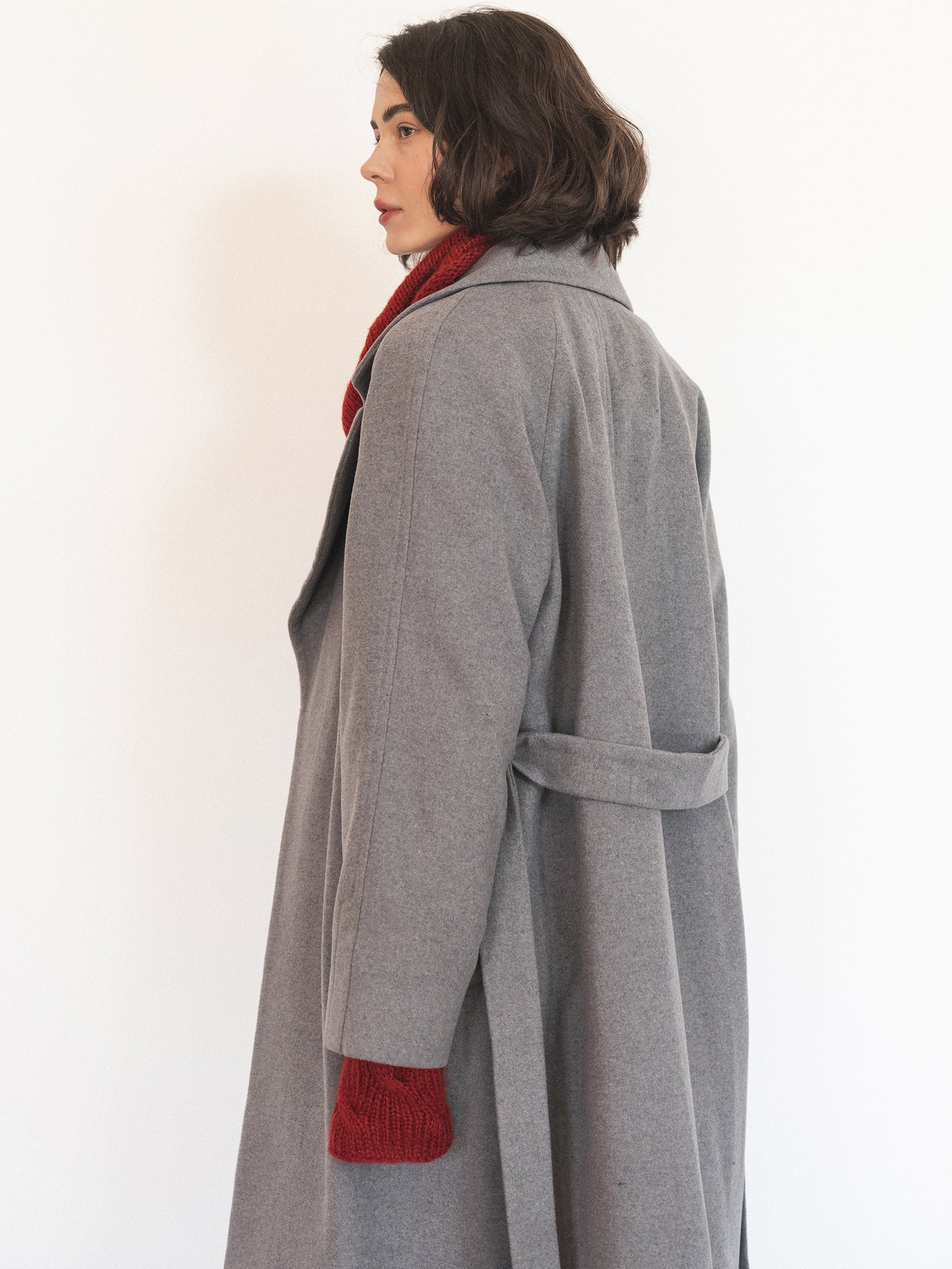 Double-breasted long coat with trim ribbon, Gray