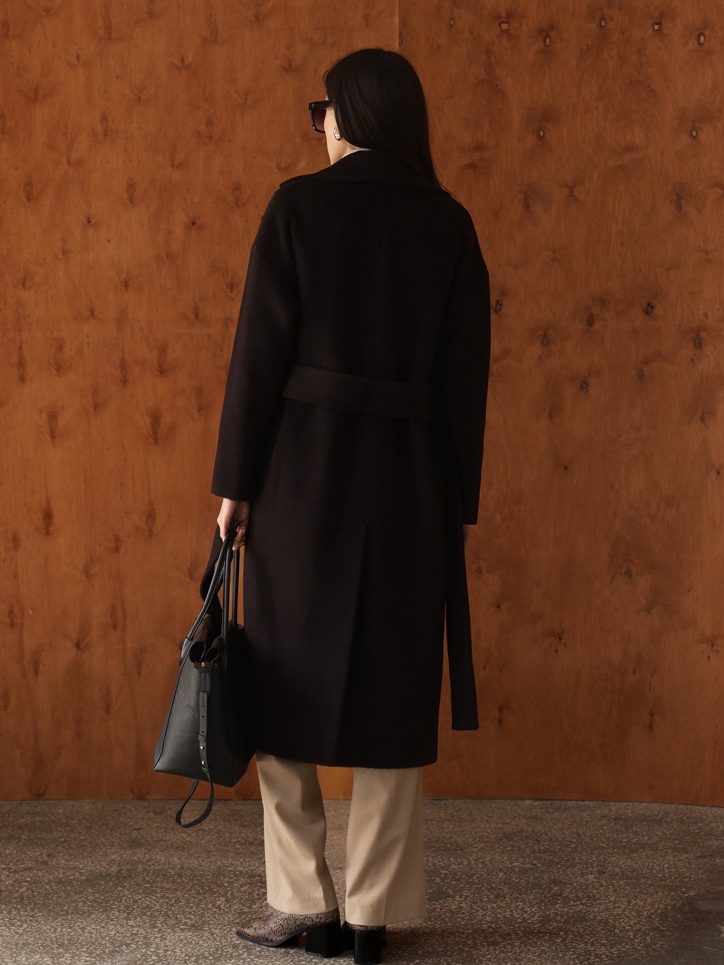 Wool Long coat with belt, Dark Chocolate