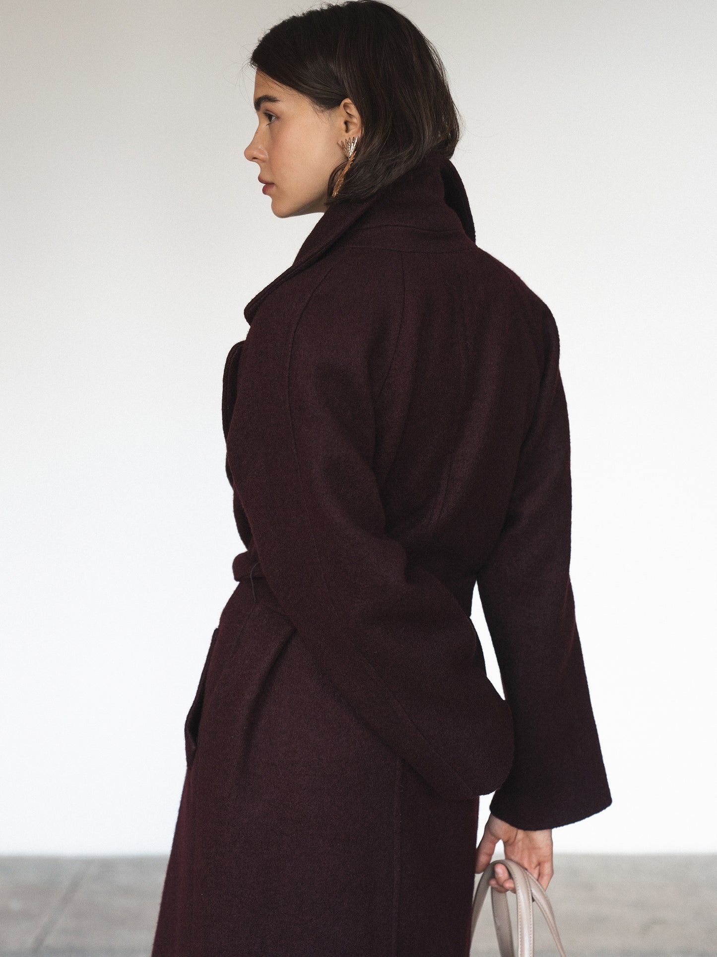 Double-breasted long coat with trim ribbon, Burgundy