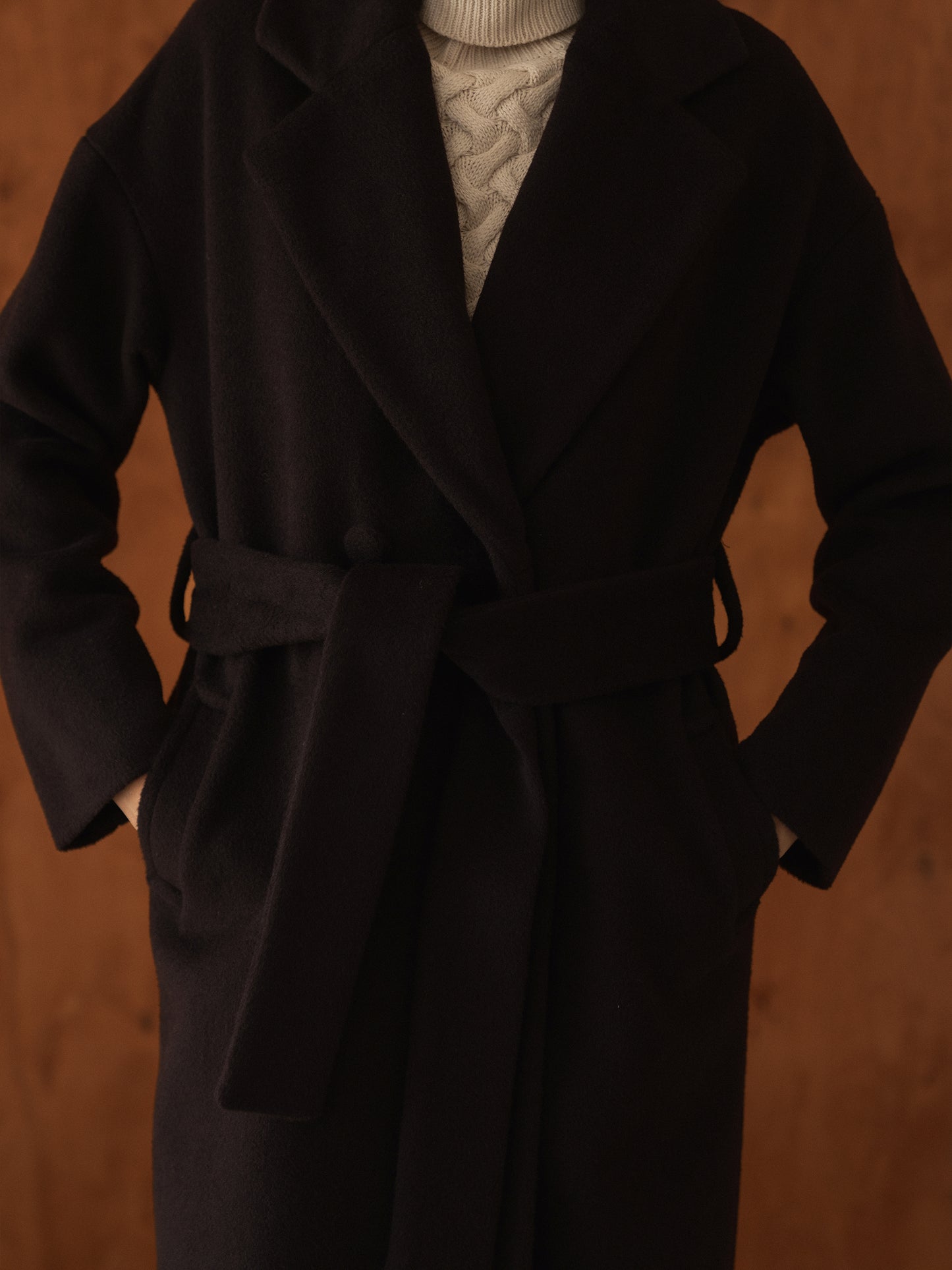 Wool Long coat with belt, Dark Chocolate