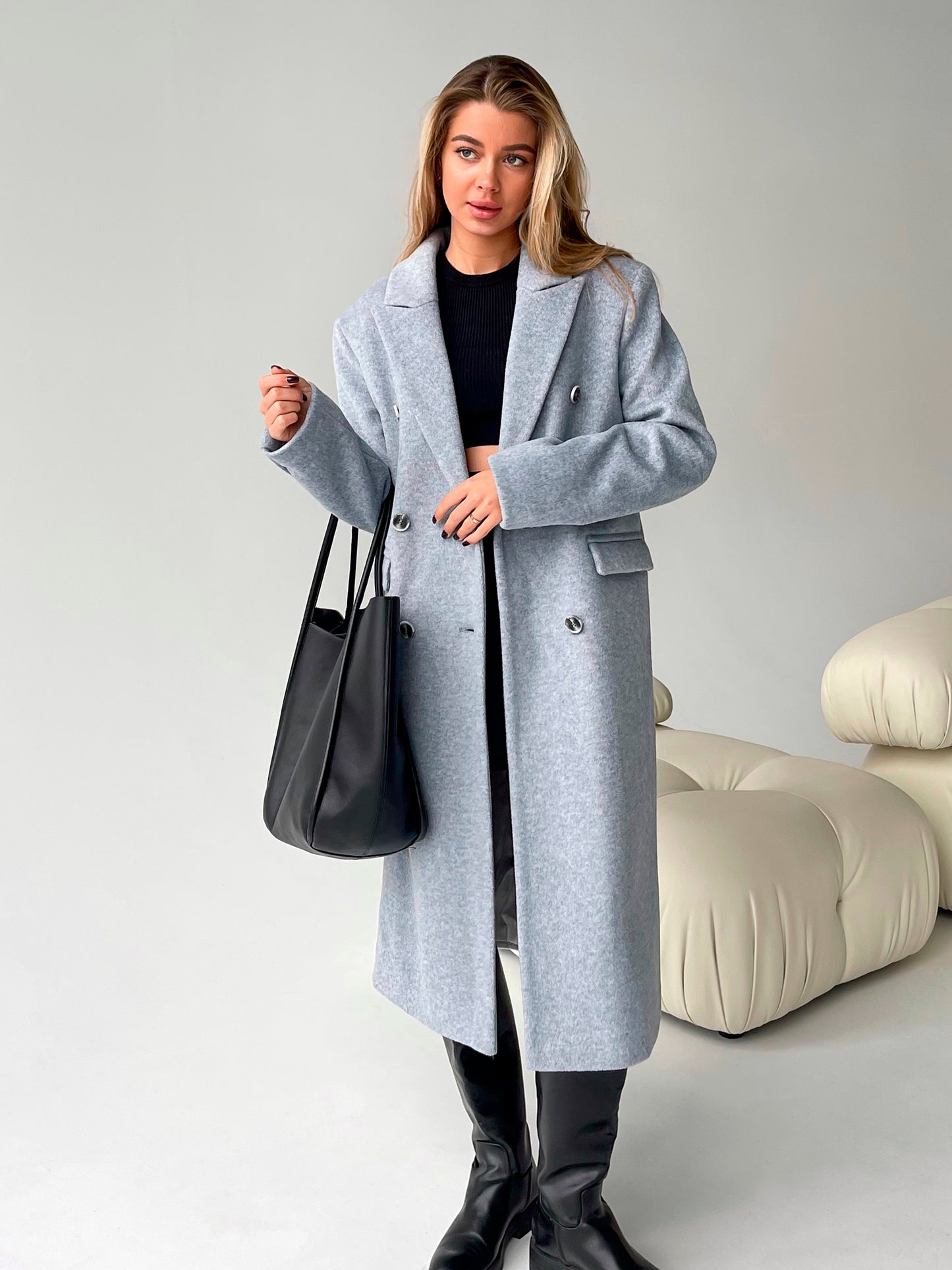 Wool Pile Coat with Masculine Shoulders, Grey