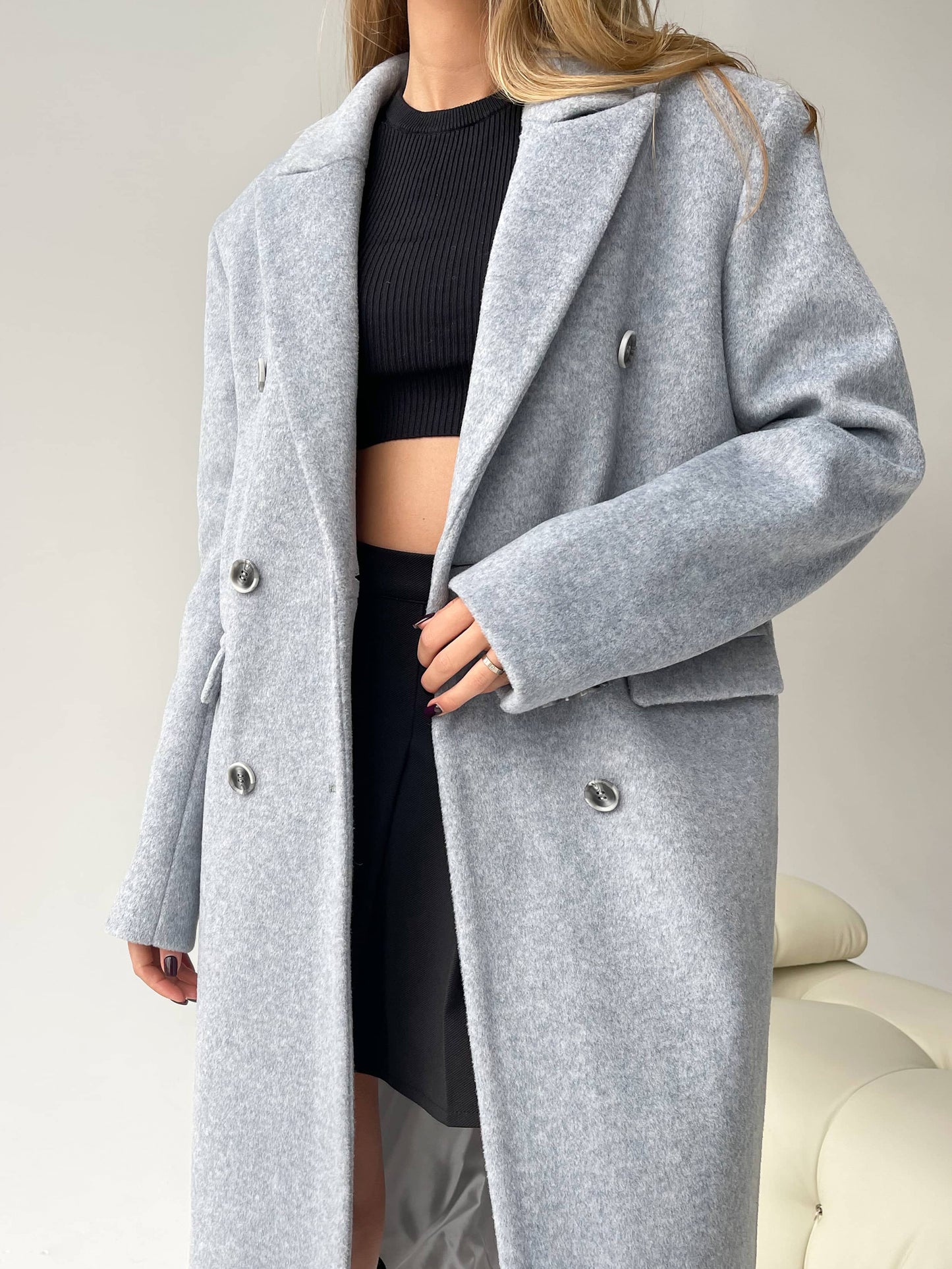 Wool Pile Coat with Masculine Shoulders, Grey